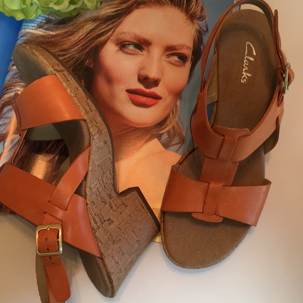 Clarks Artisan Orange Cork Wedges Sz 7.5